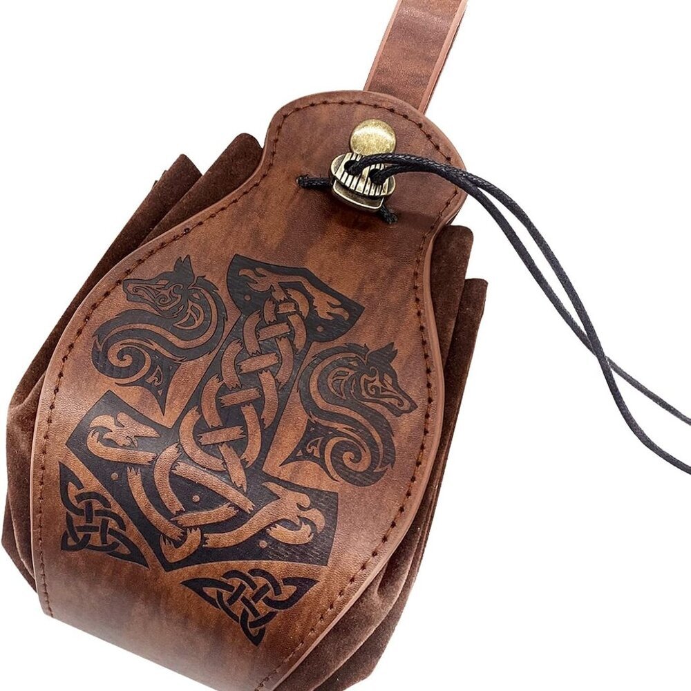 Medieval Faux Leather Pouch, Portable Drawstring Purse, Vintage Belt Pouch Dice
